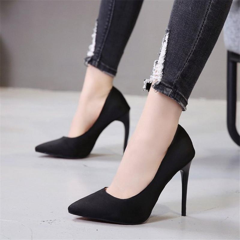 Fashion 11.5cm Super High Stiletto Heels Pumps Women Office Flock Pointed Toe Thin Heel Party Shoes Woman Plus Large Size 43 44