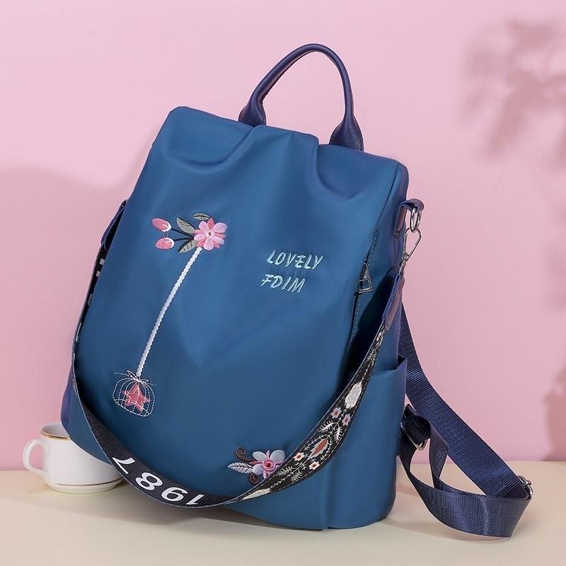 Floral Embroidered Double Backpack Large Capacity Women's Bag Oxford Fabric Blue Black Khaki