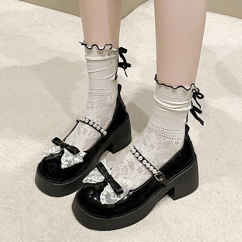 Fashion Chunky Heel Shoes Summer New Round Head Shallow Mouth Lace Butterfly Knot Metal Buckle Waterproof Platform Non-slip High Heels