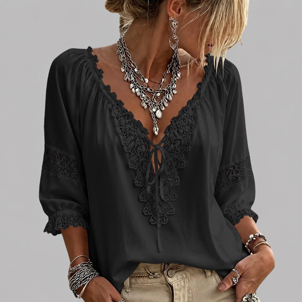 Camicetta Elegante da Donna con Scollo a V, Bordi in Pizzo, Patchwork e Maniche a Tre Quarti