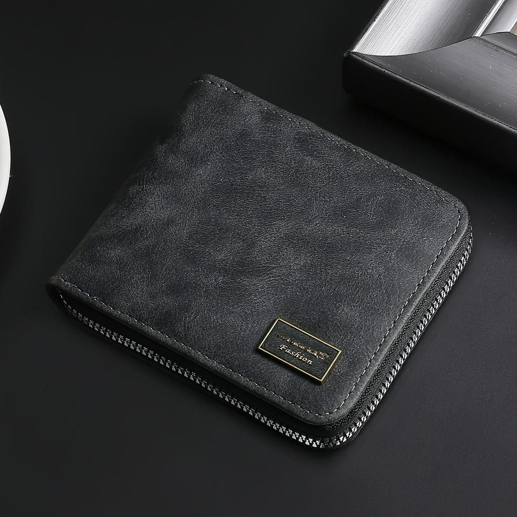 Men's Faux Leather Wallet with Zipper - Sleek Black, Multi-Card Holder & Coin Pocket, Durable Folding Design - Ideal Gift for Men