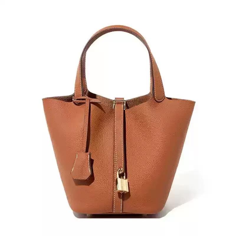 Genuine Leather Shoulder Bucket Bag Women Litchi Pattern Mini Basket Tote Soft Handbag Mommy Bride Wedding Bags with Lock