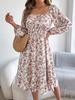Elegant Floral Square Neck Long Sleeve Waisted Ruffled A Line Midi Dress For Women