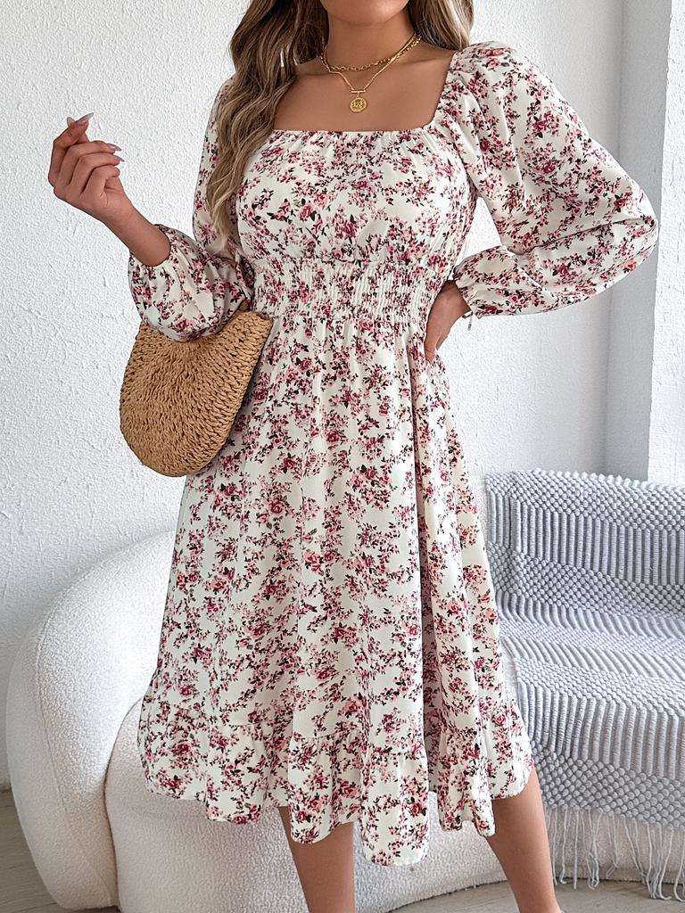 Elegant Floral Square Neck Long Sleeve Waisted Ruffled A Line Midi Dress For Women