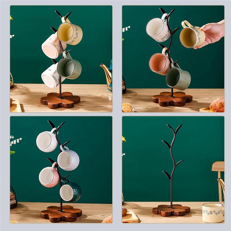 Fresh For Countertop Coffee Mug Holder With Wooden Base, For Counter Bar Accessory Leaf-Shaped Design, Coffee Mug Tree Rack