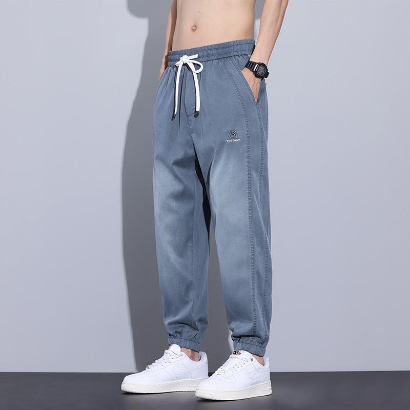 Men's Ice Silk Jeans with Cuffed Legs, 2026 New Summer Thin Style, American Style Work Pants, Casual Trousers for Men