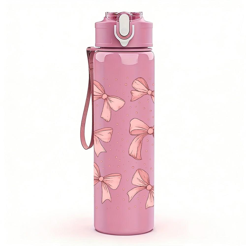 1PC Repeating Pink Bow Grid Texture 750ml Color Plastic Sports Water Bottle Leakproof Flip Straw Lid For Sports Office Home Use