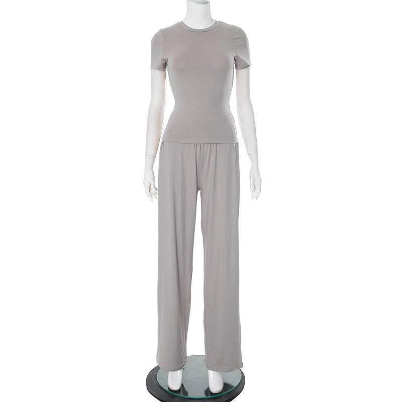 Y24ST593 Women's Casual Solid Color Round Neck Long Sleeve Top and Wide Leg Pants Set for Spring and Autumn