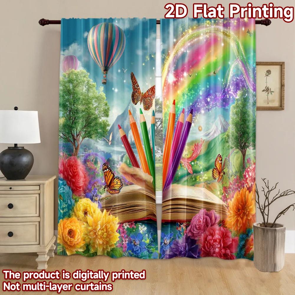 2D flat printing 2pcs Drapes Colorful Book Nature Fantasy Digital Printed Polyester Drapes Festive Holiday Use for Indoor