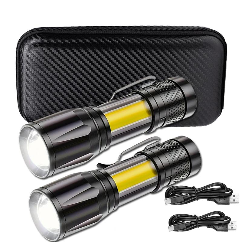 Mini LED Flashlight COB+XPE Portable Torch USB Charging Camping Lantern Zoomable Focus Light Tactical Flashlight with Pen Clip