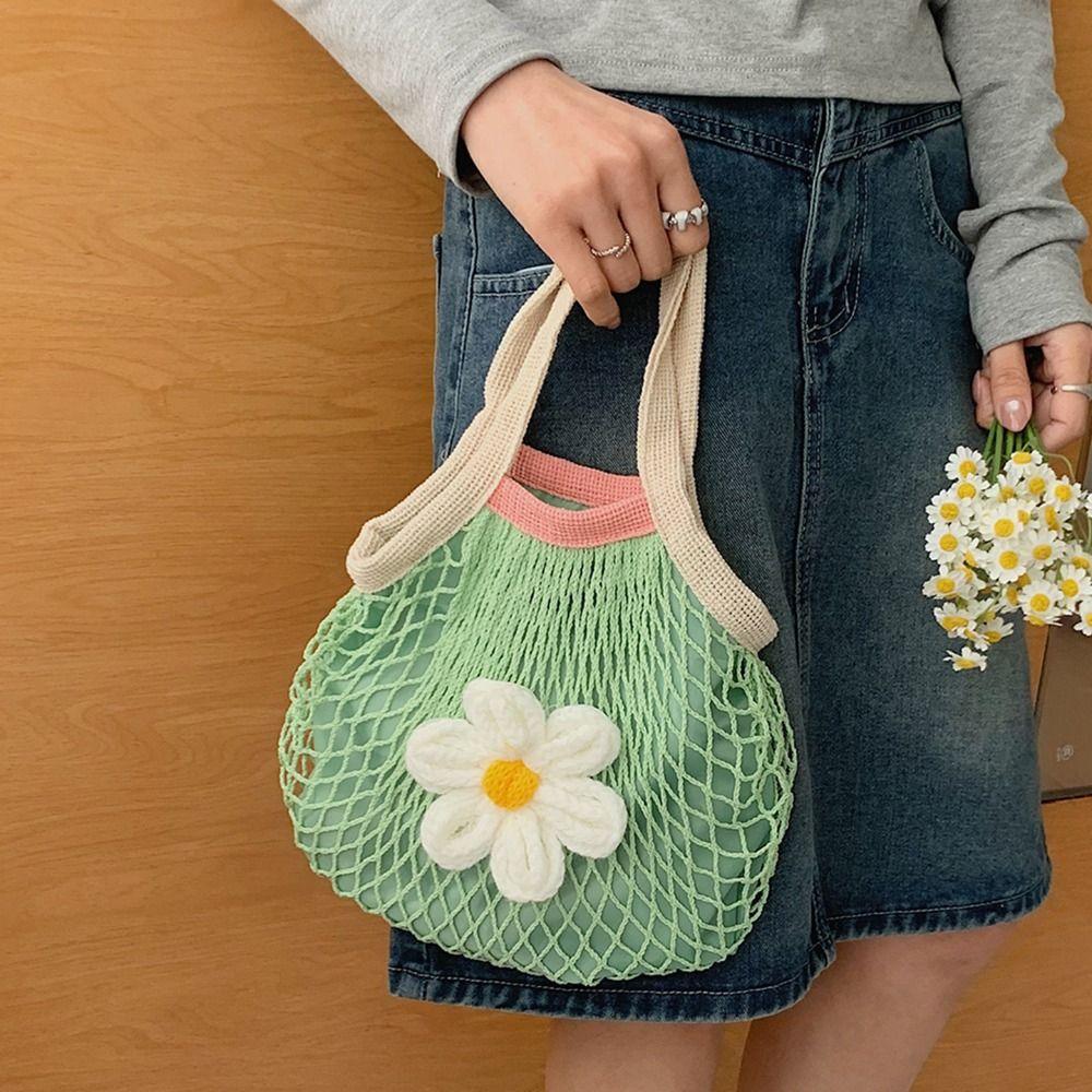 Leisure Summer Woven Handbag Large Capacity Flower Nylon Mesh Tote Bag Fashion Simple Grocery Bag Shopping Bag