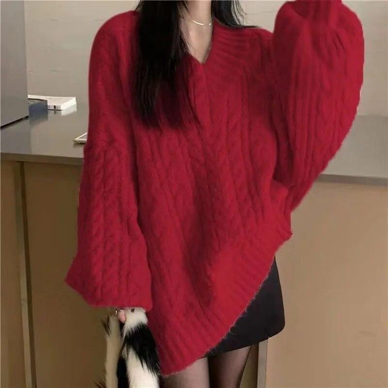 Podzim Zima Dámský svetr Harajuku oversized dlouhý rukáv s výstřihem do V pletený svetr korejský volný jednobarevný preppy svetr na všechny zápasy