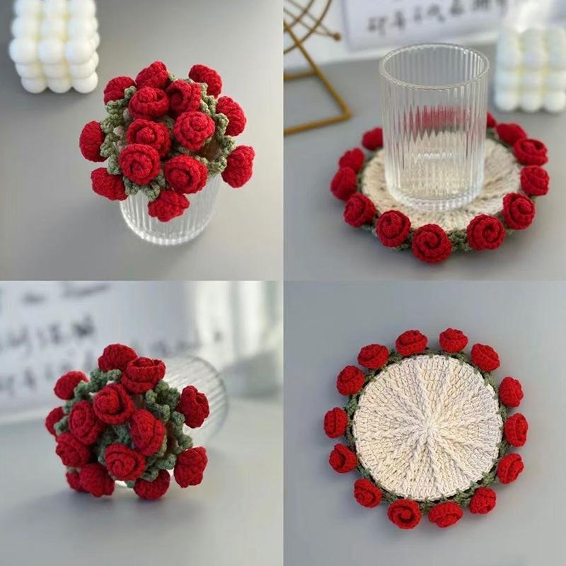 Rose Bouquet Coaster Crochet Flower Placemat Hand Woven Bouquet Cupmat Home Desktop Potted Plant Ornaments Mother'S Day Gift