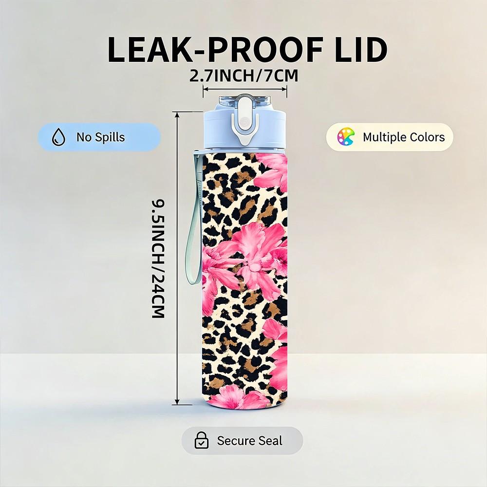 1PC Pink Floral Leopard Mixed Pattern Print 750ml Color Plastic Sports Water Bottle Leakproof Flip Straw Lid Suitable for Sports Office Home Use