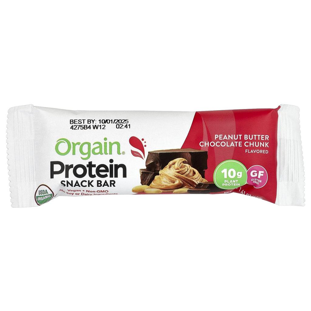Organic Plant Protein Snack Bars, Peanut Butter Chocolate Chunks, 12 Count, 40G (1.41Oz) Each