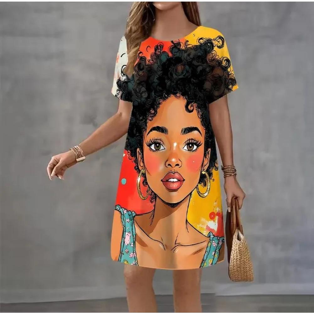 Summer Ladies 3D Printed Short Sleeve Dress Fashion Versatile Breathable Trend Casual