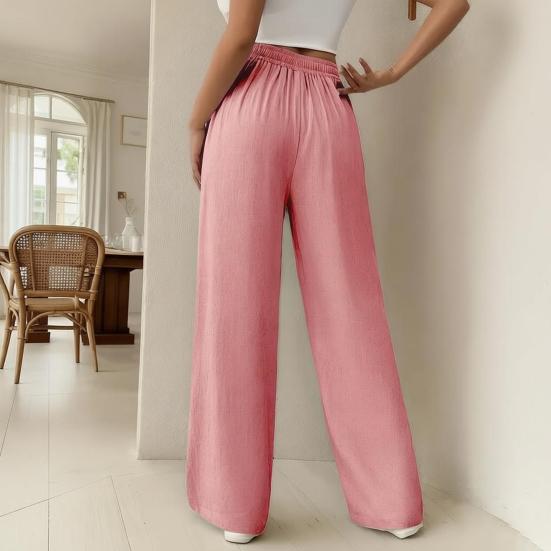 Women Pants Loose Fit Elastic Waist Straight Wide Leg Casual Pants with Pockets Pure Color Work Travel Trousers Daily Wear