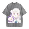 Emilia Re ZERO Kawaii Graphic T Shirt Men Women Short Sleeve Cotton Tshirts Vintage Washed Tee Harajuku Male Oversized T-shirt