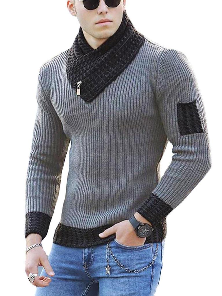 Herren Slim-fit Patchwork Strickpullover mit Schalkragen (Modell 2025)