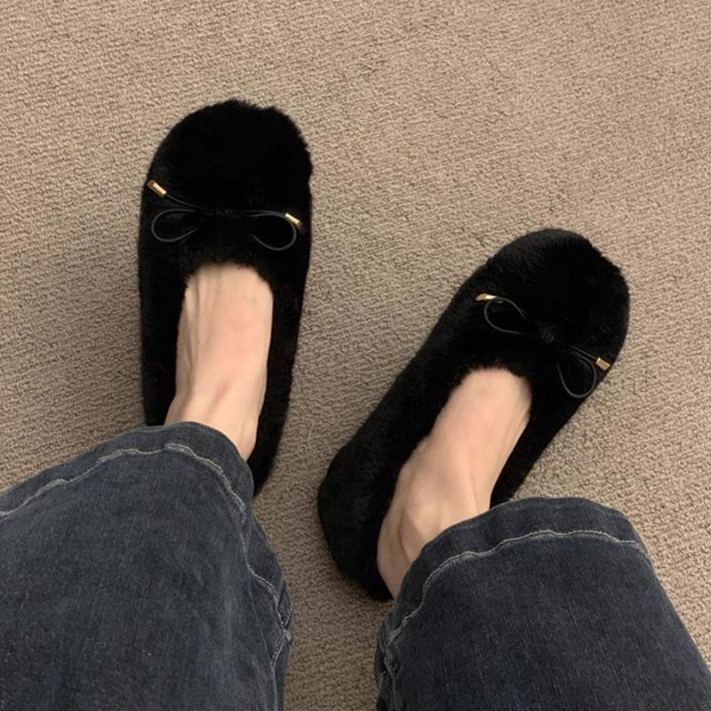 Fashion Fur Women Cotton Shoes Bow Warm Flats Cozy Shoes Winter Fashion Shallow Snow Boots 2025 New Short Plush Dress Botas De Mujer