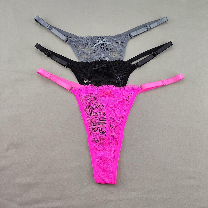 3Pcs Women's Lace Hollow Out Thongs Sheer G-Strings Sexy Ultra-low Rise Seamless Panties Perspective Bow Knickers