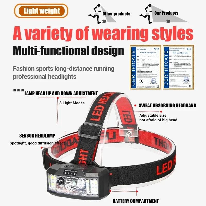 Sensor LED Headlamp Portable Red COB Camping Fishing Headlight USB Rechargeable Hat Helmet Head Flashlight Outdoor 18650 Lantern