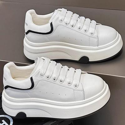 Popular Leather White Shoes Women's 2025 Spring New Korean Version Versatile Thick Sole Inner Height Increase Casual Sports Shoes Board Shoes
