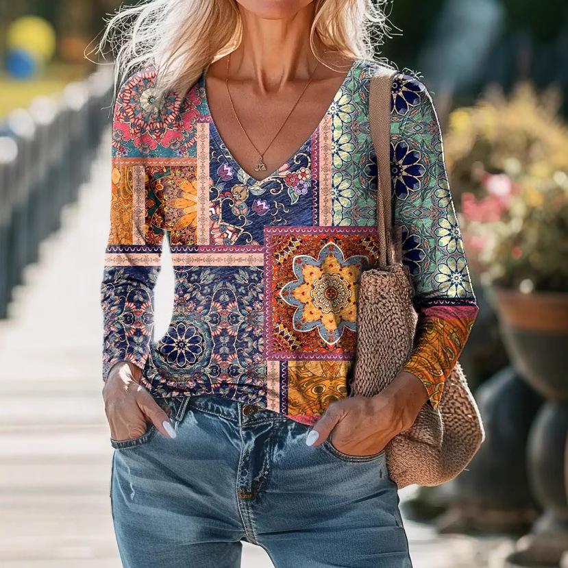 Ladies Spring Autumn Long Sleeve V Neck Loose Printed Pullover T Shirt Blouse Top