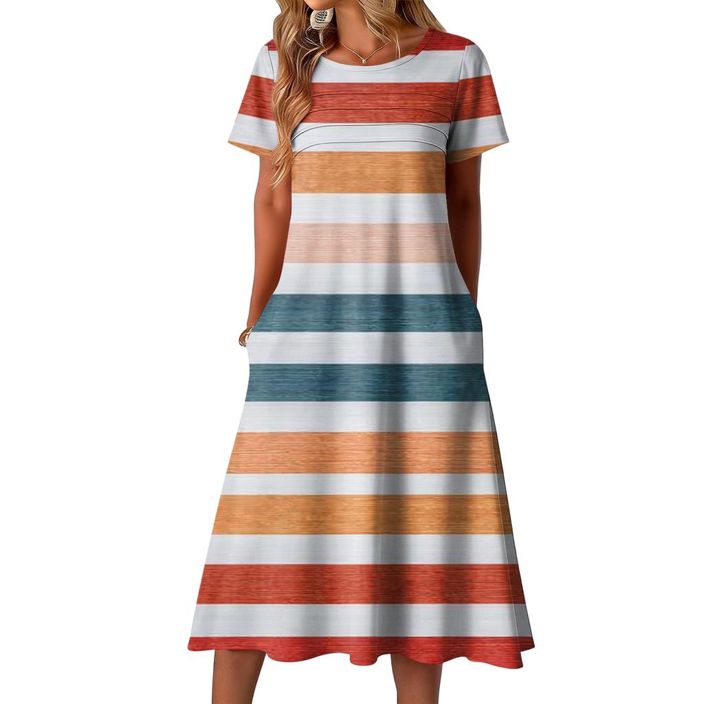 Ladies' striped printed casual and fashionable short sleeved round neck dress