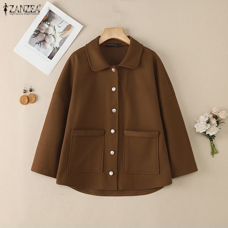 ZANZEA Women Casual Turn Down Collar Long Sleeve Spring Woolen Jackets