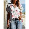 Floral Print Womens Loose Fit Short Sleeve V-Neck Top - Sleeveless Button-Free Casual Shirt Street Style