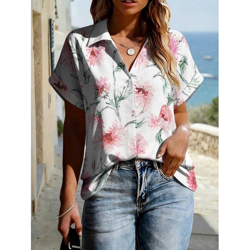 Floral Print Womens Loose Fit Short Sleeve V-Neck Top - Sleeveless Button-Free Casual Shirt Street Style