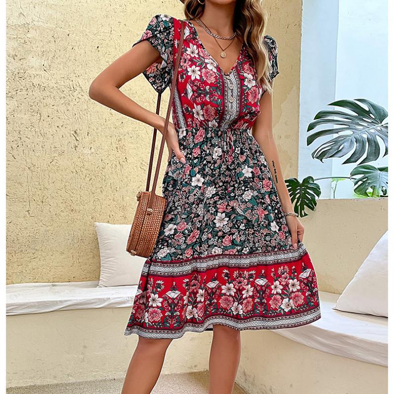 Nová Móda Vintage Šaty s Krátkým Rukávem Dámské Výstřih do V Tištěné Zelené Elegantní Šaty na Léto Áčkový Střih Vysoký Pas Ležérní Dámské Šaty 24340