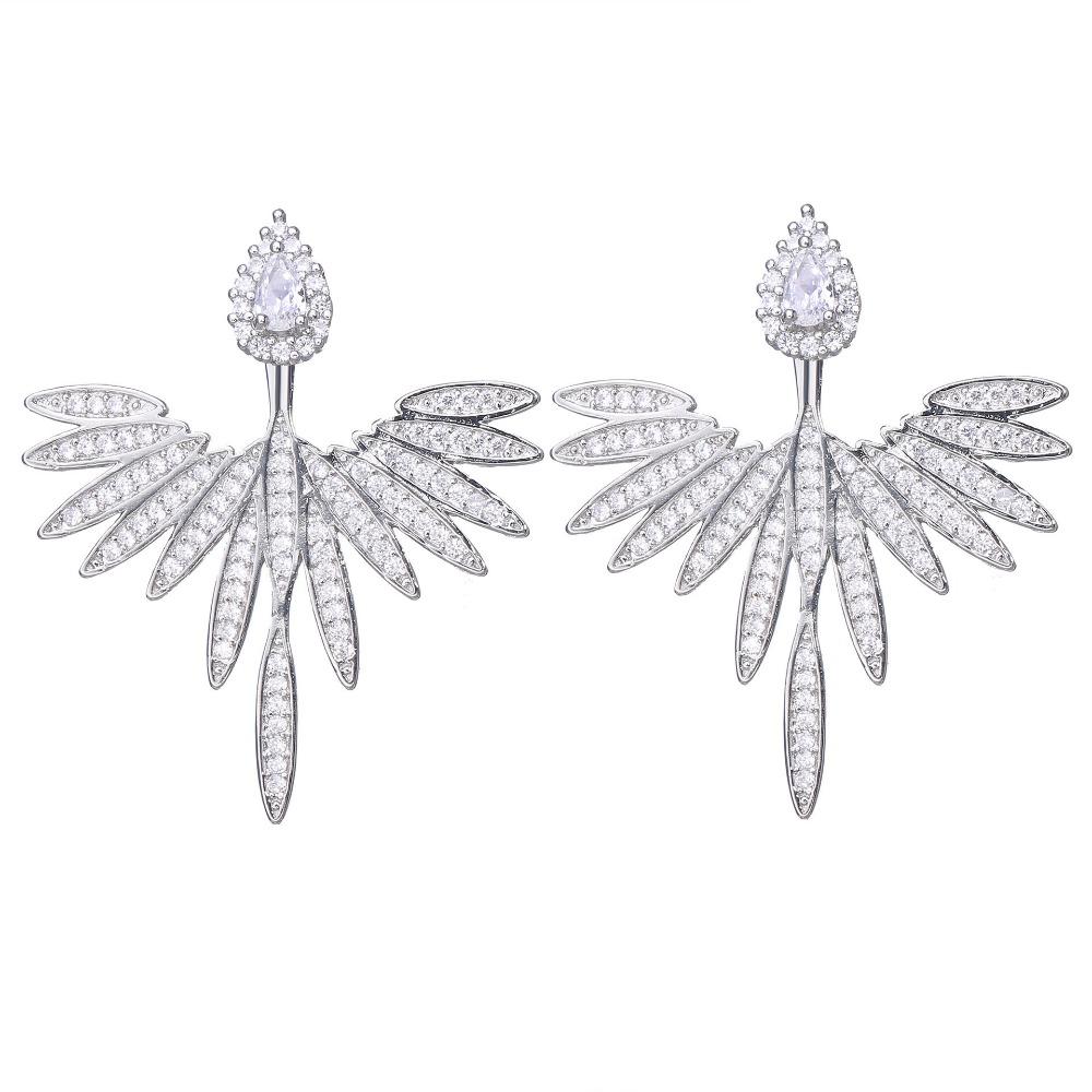 Orecchini a Bottone Simmetrici con Ala di Piuma e Cristallo, Lusso alla Moda, Raffinati, Colore Argento, Accessori Gioiello per Feste da Donna