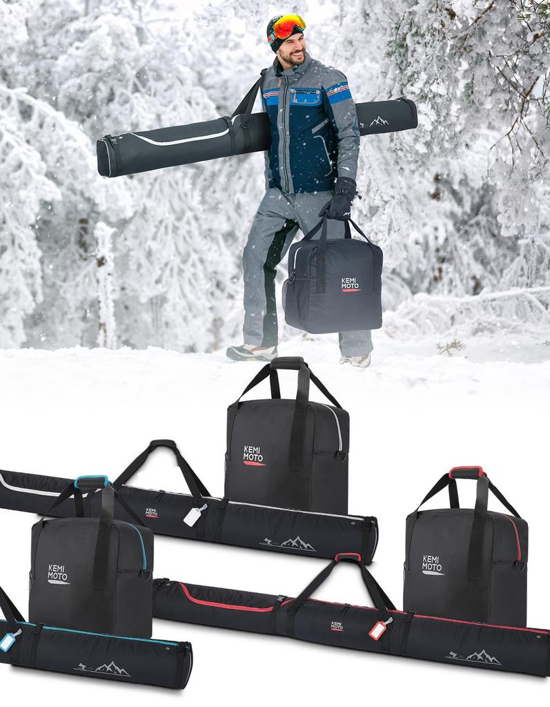 KEMIMOTO Ski Case Boot Bag of Fits skis up to Large Snowboard Large Helmet Boot KM301 & (Set 2) - 200cm, All-in-One, Capacity, Backpack, Bag, Case,