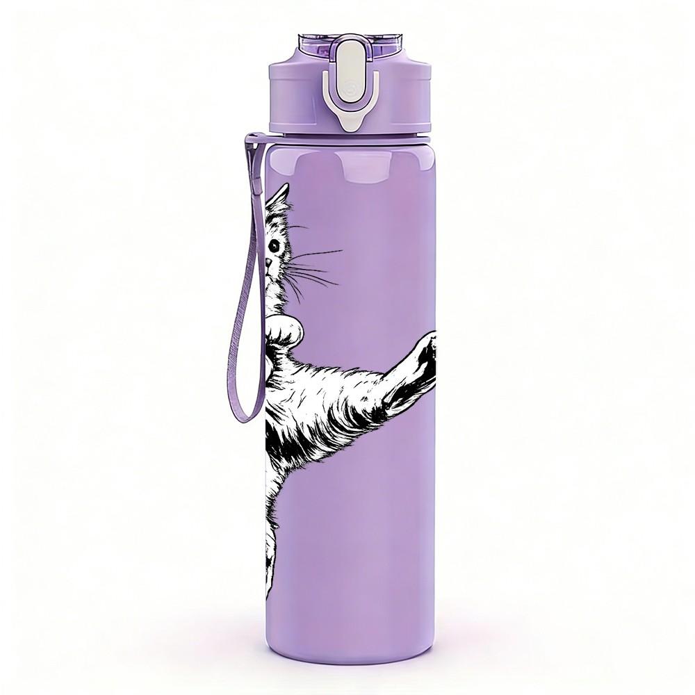 1PC Cat Kicking Soccer Line Art Print 750ml Color Plastic Sports Water Bottle Leakproof Flip Straw Lid Suitable for Sports Office Home Use