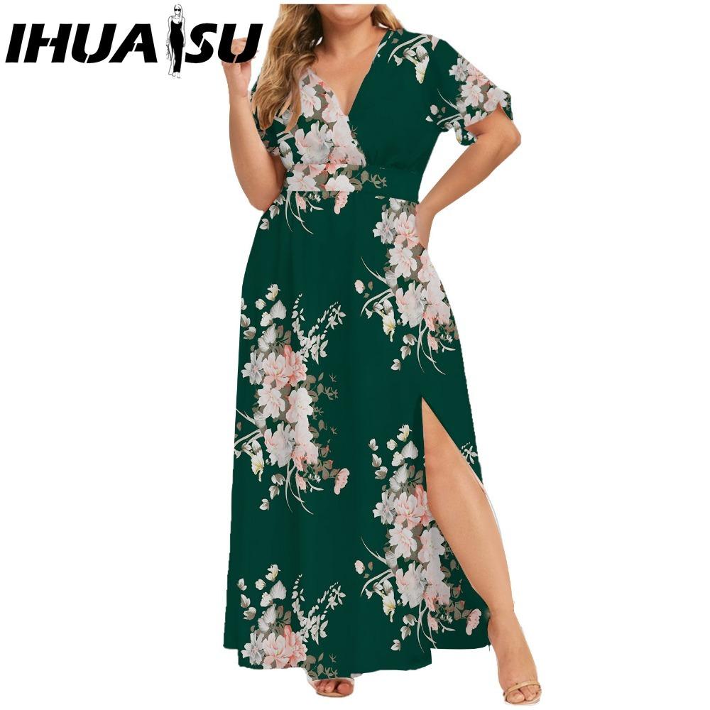 IHUASU L-5XL Women's Fashion Summer Spring Short Sleeve V-Neck Casual Dresses