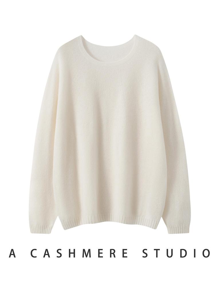 Women's Round Neck Versatile Cashmere Sweater - Solid Color, Long Sleeve, Fashionable Lazy Style for Spring, Autumn, and Winter