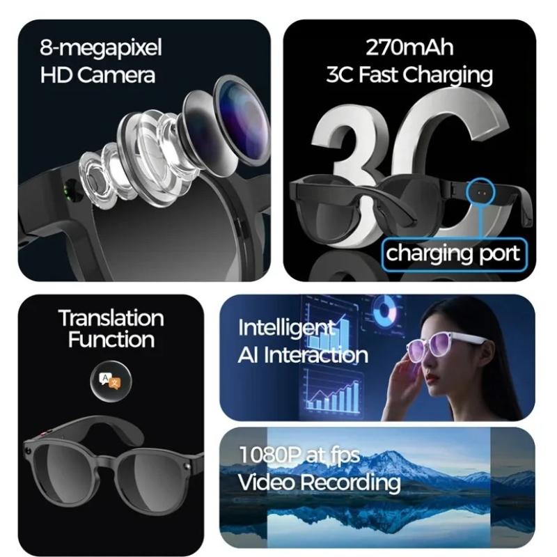 New AI Smart Glasses AI Translation 500W HD Camera 4K Shooting Image Bluetooth Call Recording Wireless Music Multifunctional Smart Sunglasses Unisex