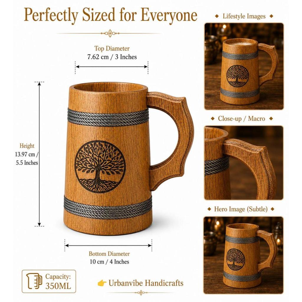 Handmade Wooden Beer Mug, Wood with Sheesham Finish, Barrel Style, Lightweight & Durable, for Craft Beer, Home Bar, Café, Party, Gift(350ml)