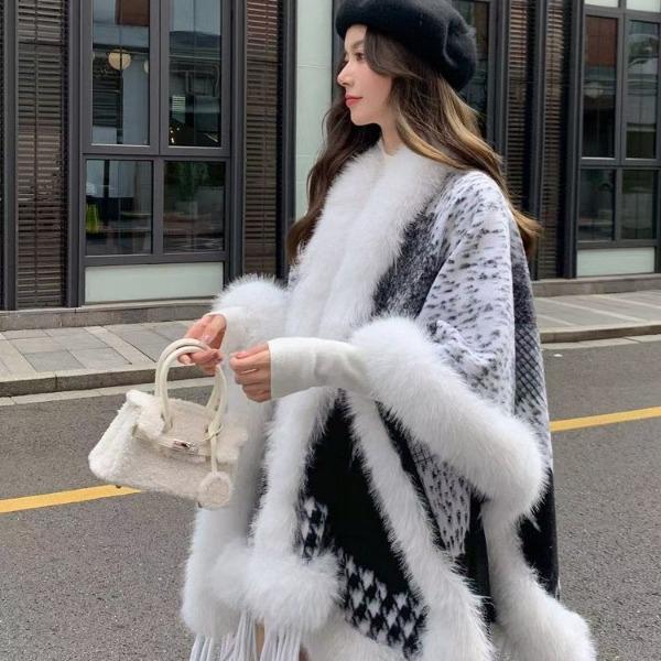 Fox Fur Knitted Cape Cape With Geometric Fur Fur Shawl Jacket Women