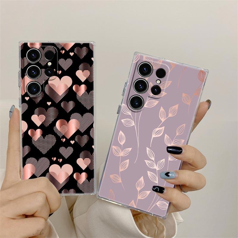 S25FE Case For Samsung Galaxy S26 S25 S24 S23 Ultra S20 S21 FE S22 Plus S26Ultra Phone Cover Pink Glitter Hearts Love Grass Leaf