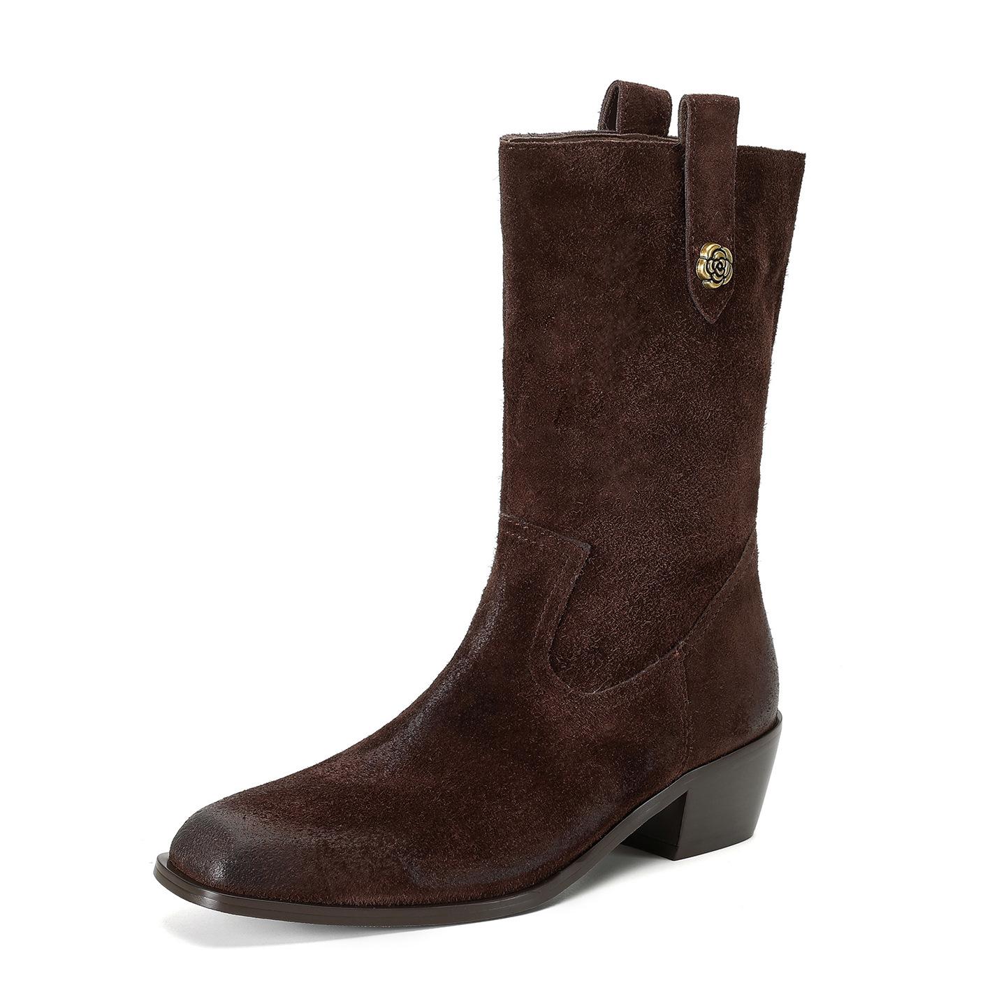 

Cowhide version retro French elegant wind camellia square head fashion boots simple daily thick heel commuting sleeve short boots 40 коричневый