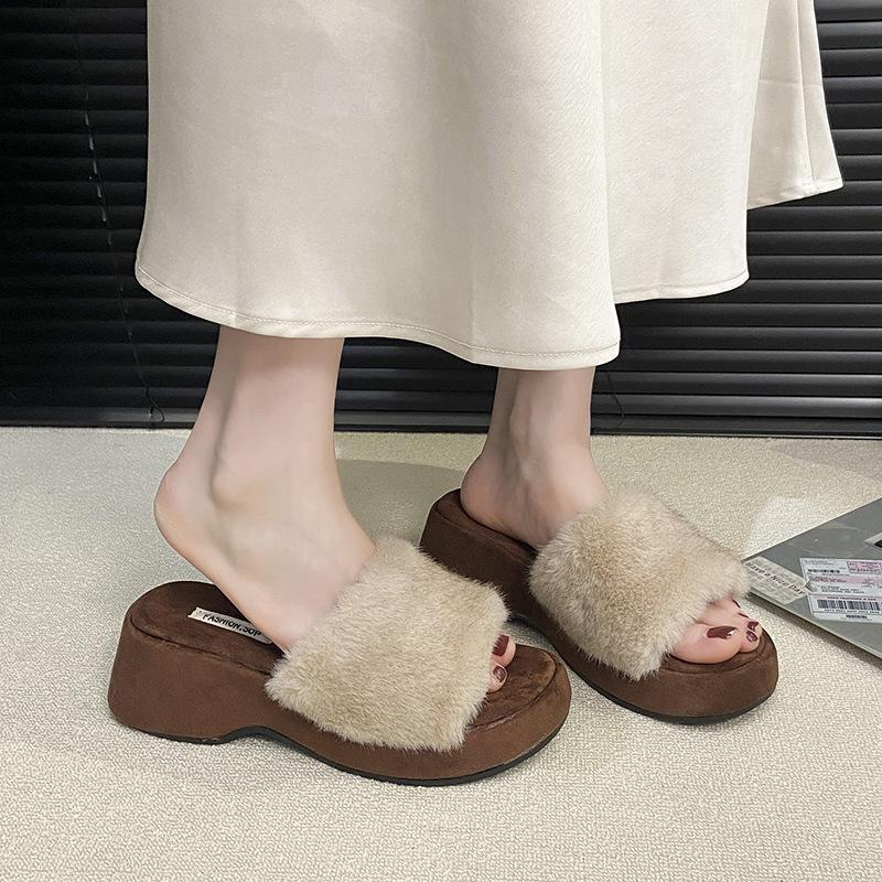 Retro leopard print square head fluffy slippers women's outer wear 2025 autumn and winter new temperament fluffy lazy one-word cotton drag