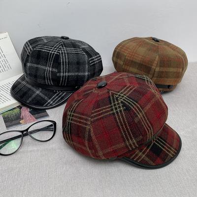 British Octagonal Hat Women'S Plaid Retro Cap Showing Face Small Beret Thickened Newsboy Hat