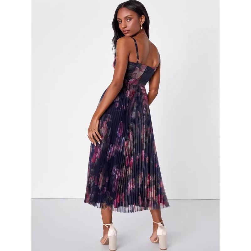 Foreign Trade Order Lu's Sling Elegant Print Mesh Lady Summer Vacation Fashion Elegant Big Hemline Dress