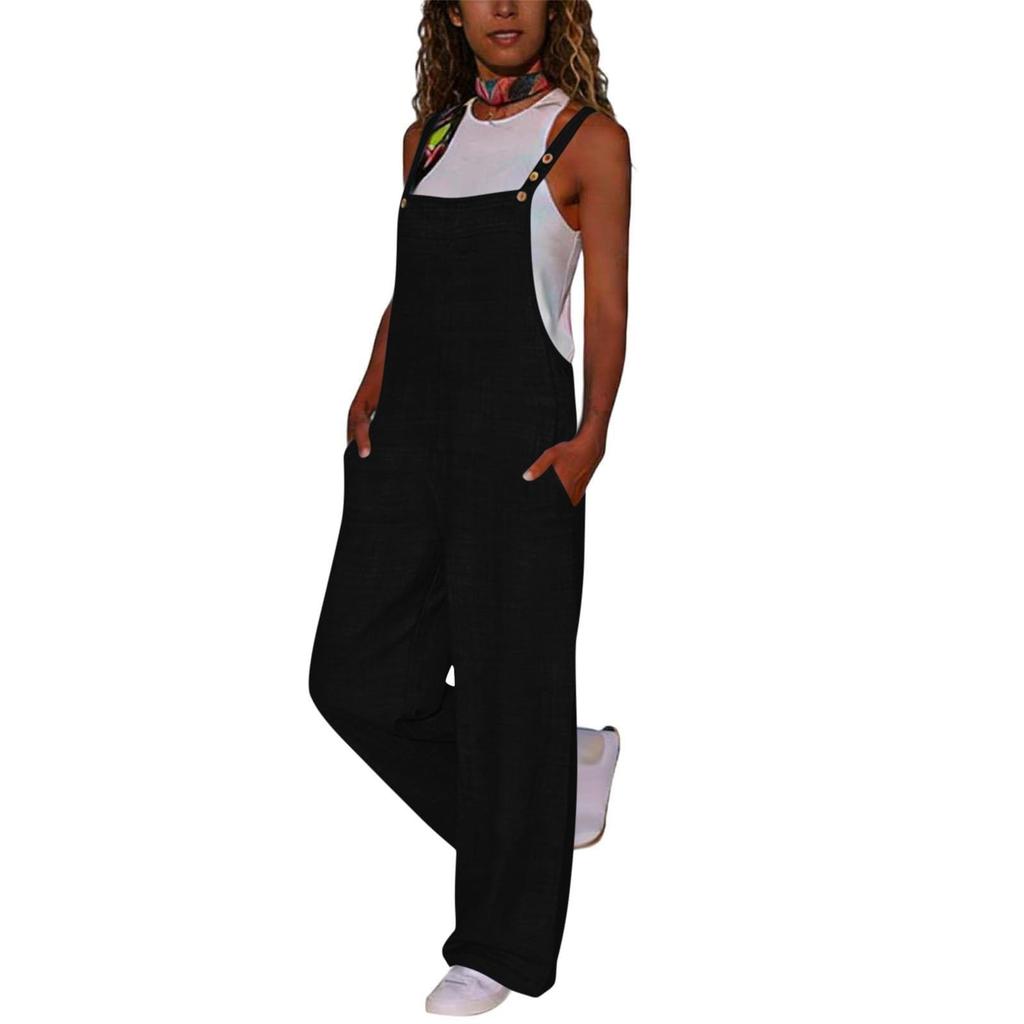 Women's Fashionable Suspender Wide Leg Loose Casual Suspender Pants With Pocket Buttons And Jumpsuit
