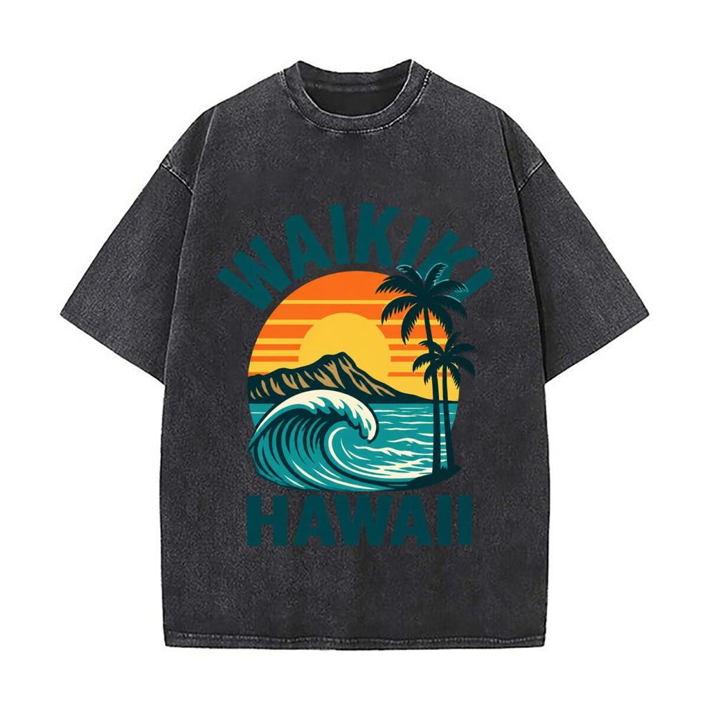 Waikiki Hawaii Sunset Ocean Wave Palm Tree Mountain Graphic Vintage Distressed Loose Streetwear Tops