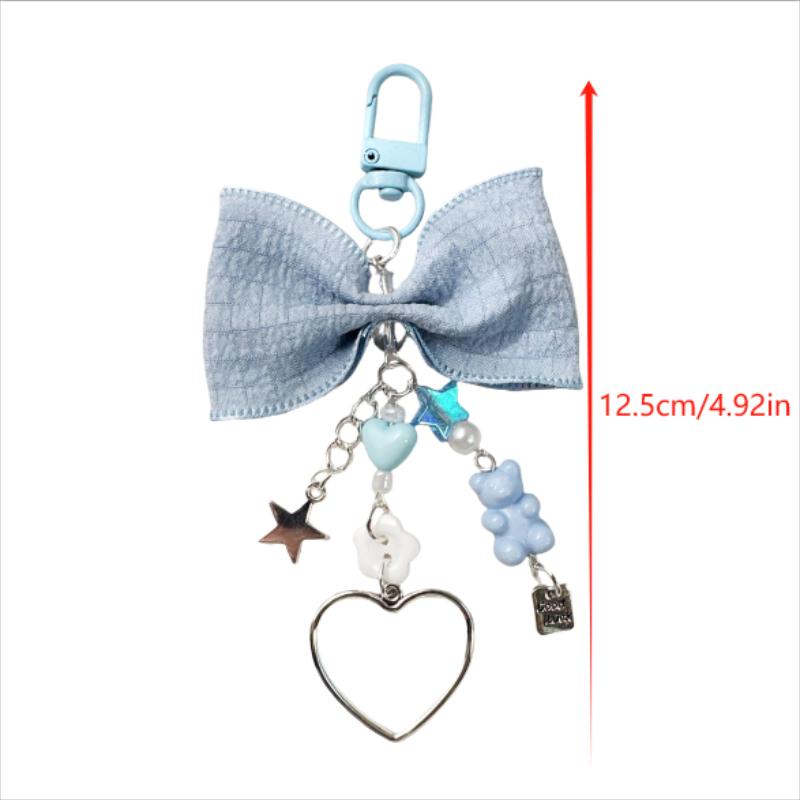 Cute Sweet Bear Bow Heart Keychain Pendant with Star Charm Phone Chain Backpack Keyring Girly Bag Hanging Ornament Gift
