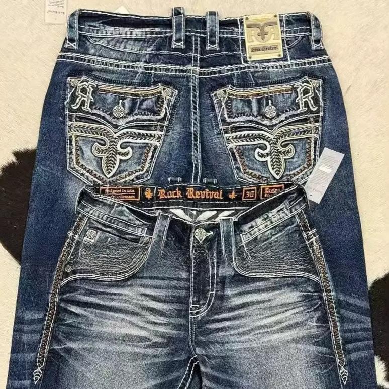 RogueWave Amerykańskie Retro Luźne Dżinsy Damskie Y2k Vintage Kieszeń Haftowane Niebieskie Dżinsowe Spodnie